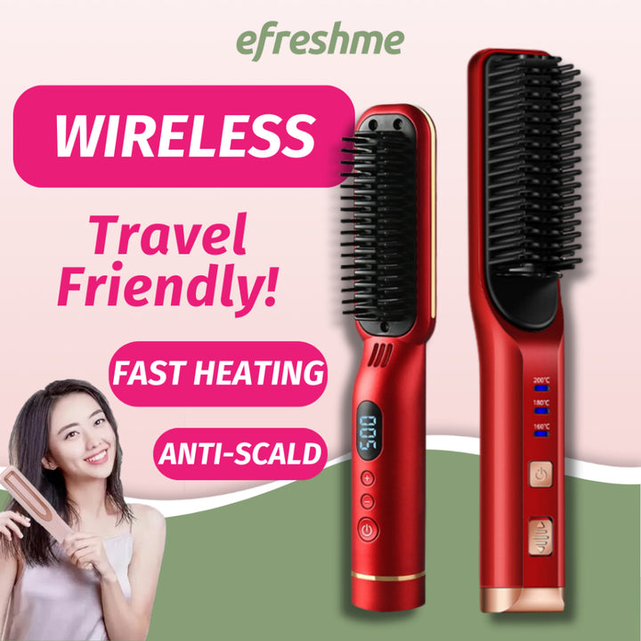 Wireless PRO Hair Straightener and Curler 2 IN 1, Brush Anti Scald Portable Straightening Mini Comb Travel Go