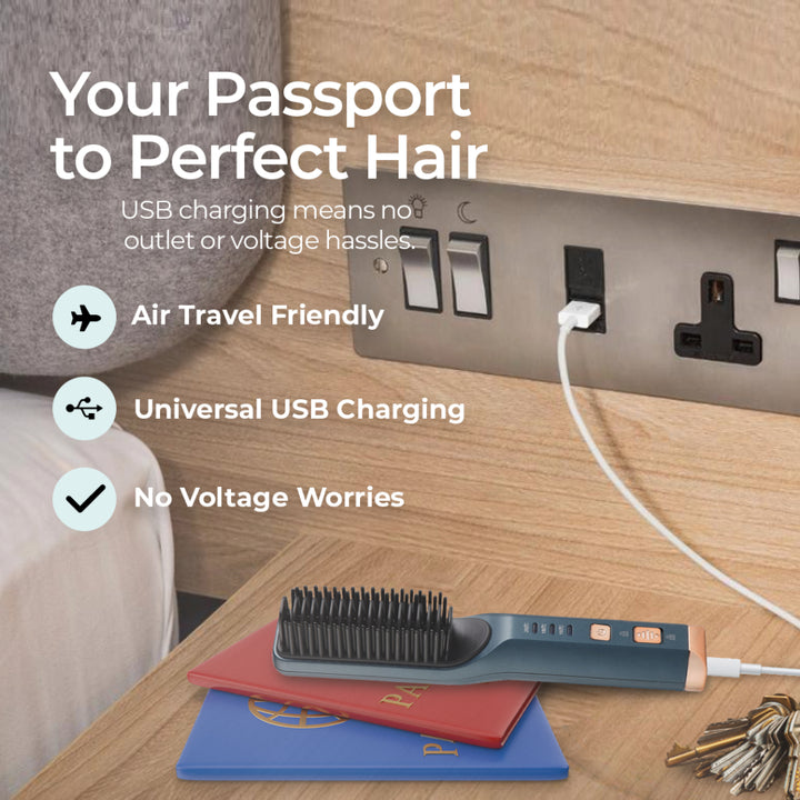 Wireless PRO Hair Straightener and Curler 2 IN 1, Brush Anti Scald Portable Straightening Mini Comb Travel Go