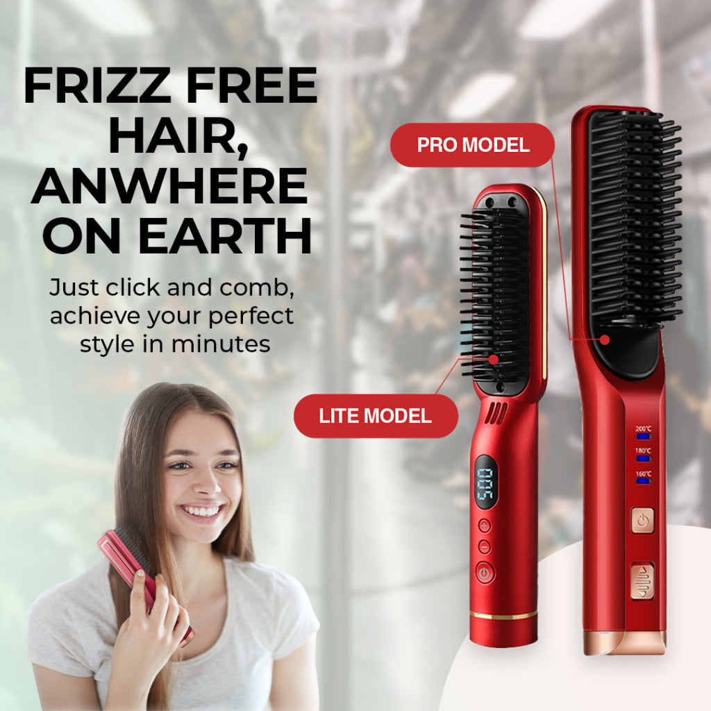 Wireless PRO Hair Straightener and Curler 2 IN 1, Brush Anti Scald Portable Straightening Mini Comb Travel Go