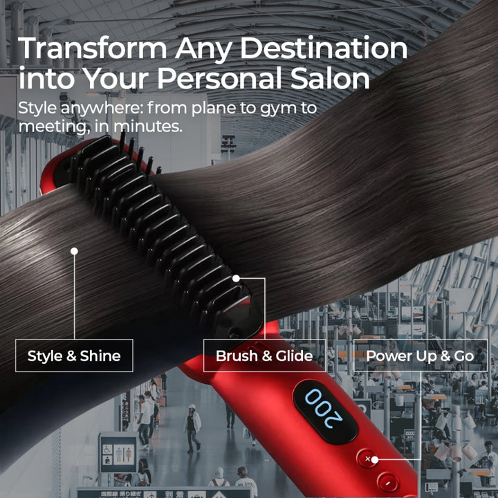 Wireless PRO Hair Straightener and Curler 2 IN 1, Brush Anti Scald Portable Straightening Mini Comb Travel Go
