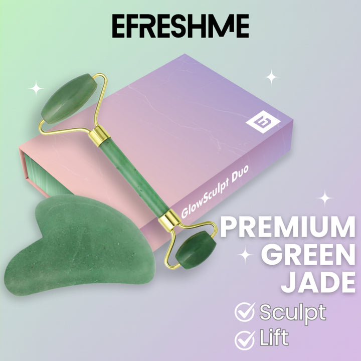 Efreshme Premium Natural Green Jade Roller and Gua Sha Set for Face Lifting Slimming Beauty Tool Massage