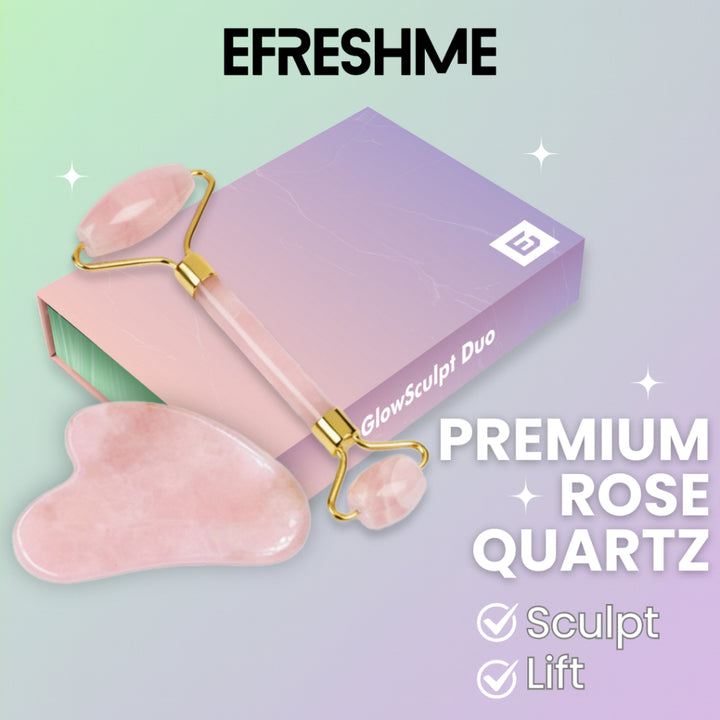 Efreshme Premium Natural Rose Quartz Roller and Gua Sha Set for Face Lifting Slimming Beauty Tool Massage