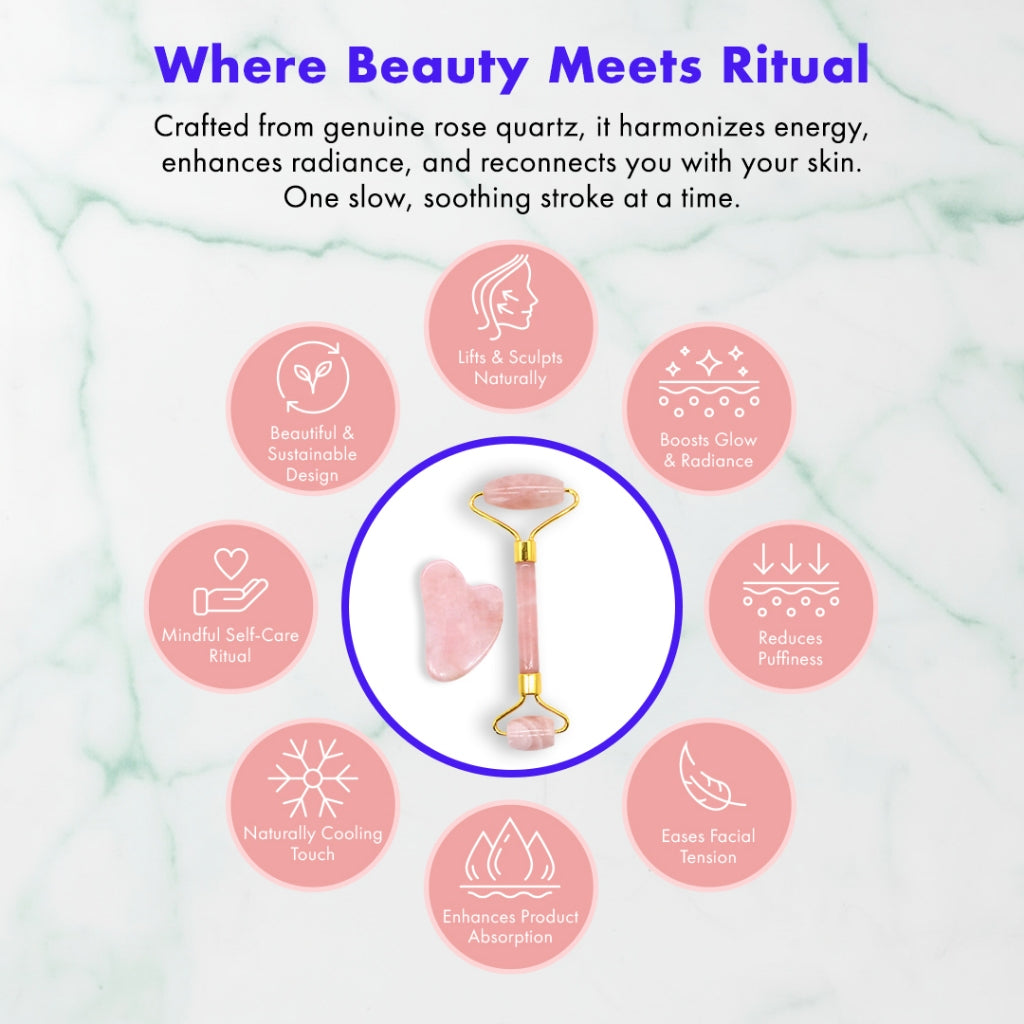Efreshme Premium Natural Rose Quartz Roller and Gua Sha Set for Face Lifting Slimming Beauty Tool Massage