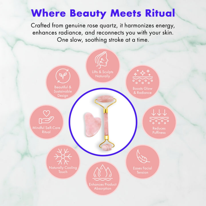 Efreshme Premium Natural Rose Quartz Roller and Gua Sha Set for Face Lifting Slimming Beauty Tool Massage