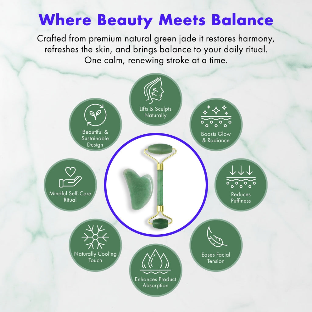 Efreshme Premium Natural Green Jade Roller and Gua Sha Set for Face Lifting Slimming Beauty Tool Massage