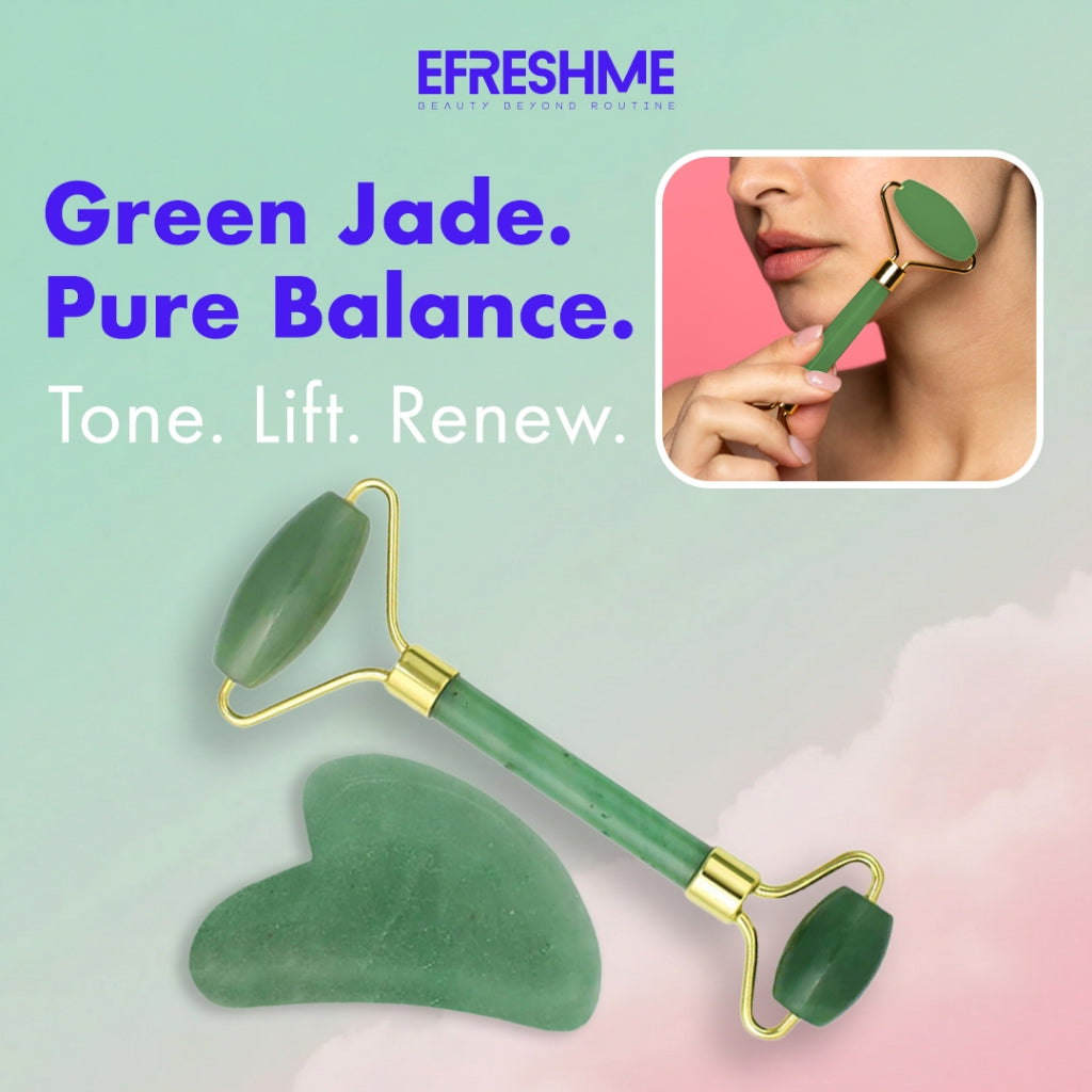 Efreshme Premium Natural Green Jade Roller and Gua Sha Set for Face Lifting Slimming Beauty Tool Massage