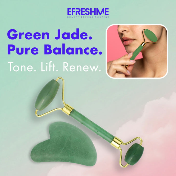 Efreshme Premium Natural Green Jade Roller and Gua Sha Set for Face Lifting Slimming Beauty Tool Massage