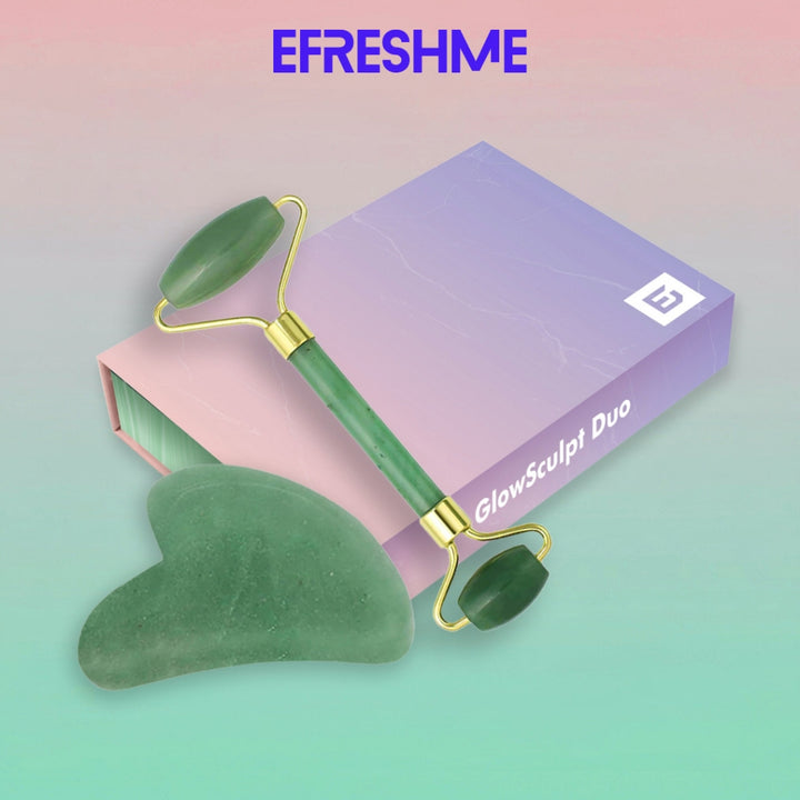 Efreshme Premium Natural Green Jade Roller and Gua Sha Set for Face Lifting Slimming Beauty Tool Massage