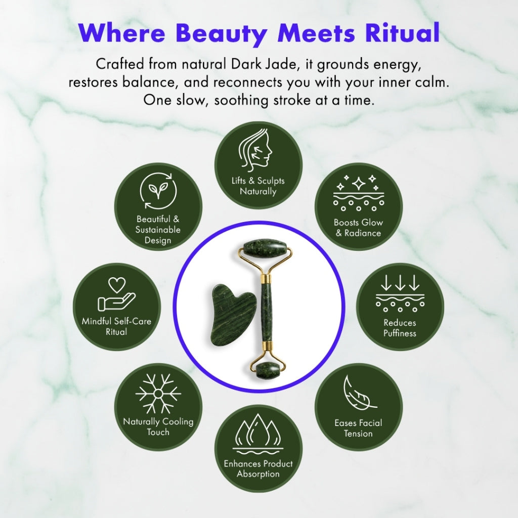 Efreshme Premium Natural Dark Jade Roller and Gua Sha Set for Face Lifting Slimming Beauty Tool Massage