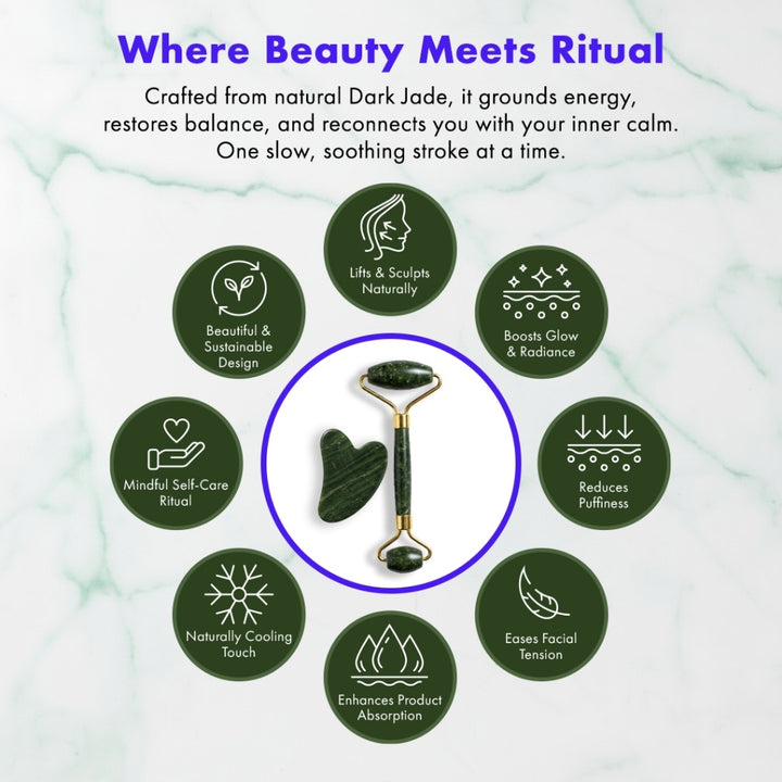 Efreshme Premium Natural Dark Jade Roller and Gua Sha Set for Face Lifting Slimming Beauty Tool Massage