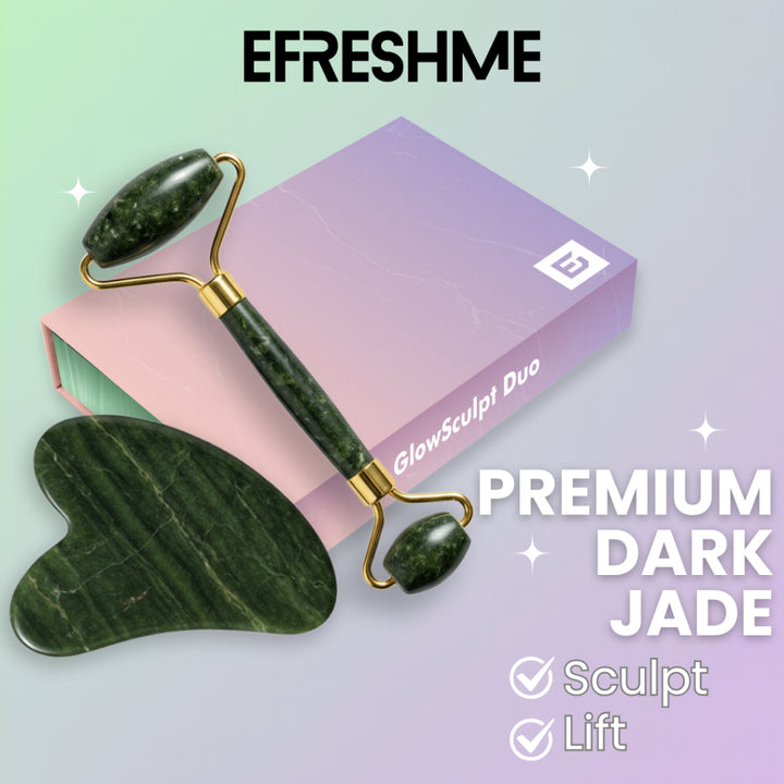 Efreshme Premium Natural Dark Jade Roller and Gua Sha Set for Face Lifting Slimming Beauty Tool Massage