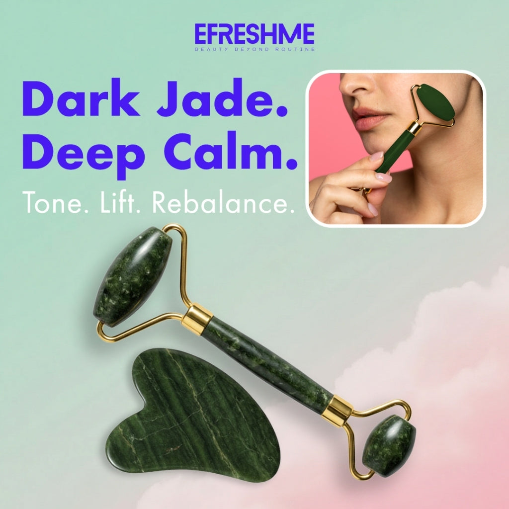 Efreshme Premium Natural Dark Jade Roller and Gua Sha Set for Face Lifting Slimming Beauty Tool Massage