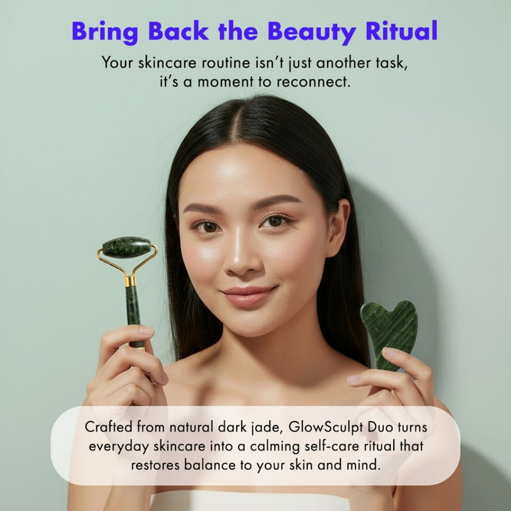 Efreshme Premium Natural Dark Jade Roller and Gua Sha Set for Face Lifting Slimming Beauty Tool Massage