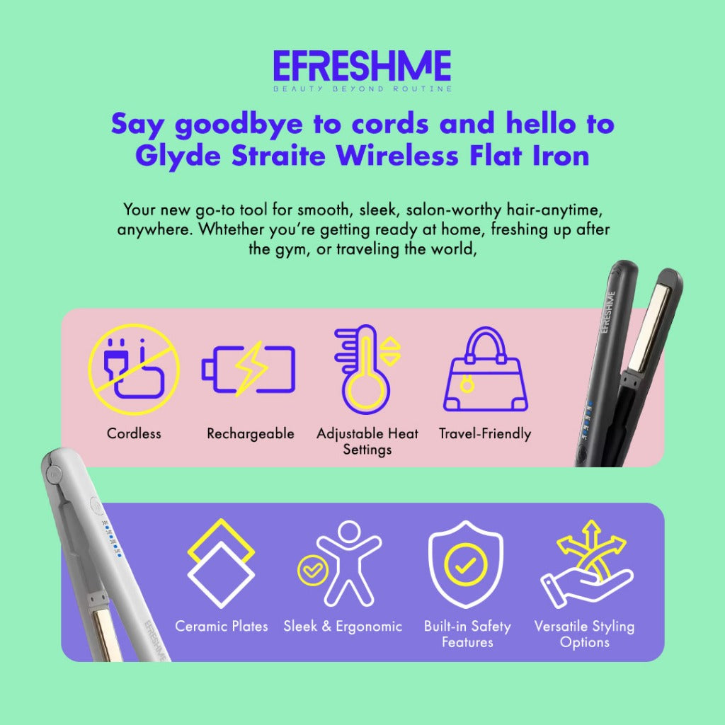 Efreshme Glyde Straite Wireless Hair Straightener and Curler 2 in 1, Cordless Portable Ceramic Flat Iron