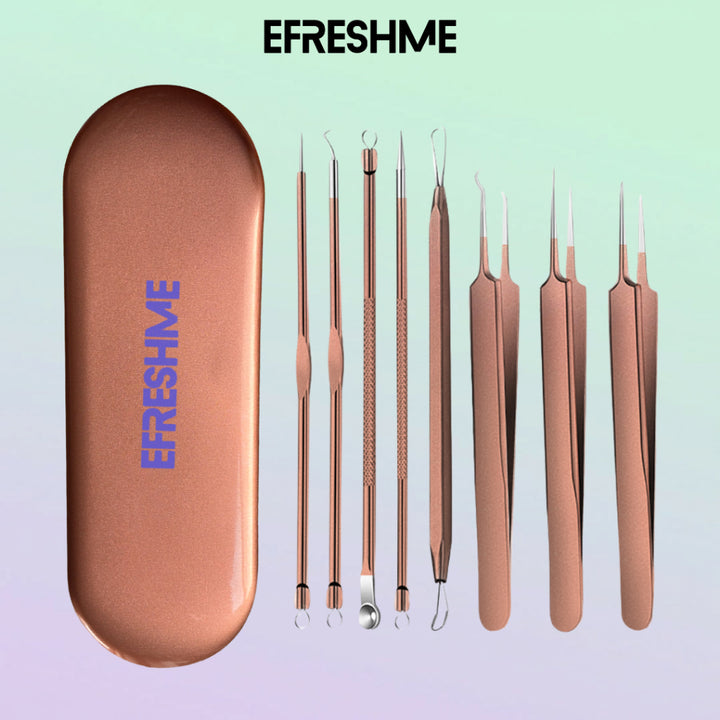 Efreshme Precision 8 Pcs Blackhead Remover Tool Set with Case; Extractor, Tweezer, Pimple, Acne, Whiteheads, Acne