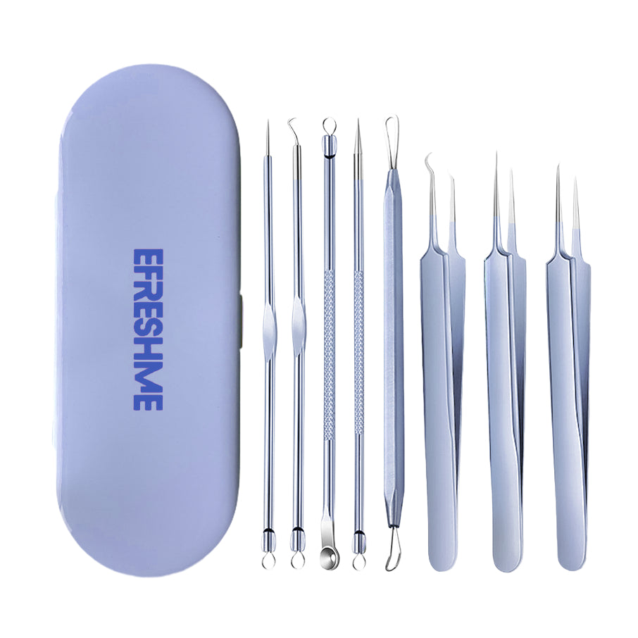 Efreshme Precision 8 Pcs Blackhead Remover Tool Set with Case; Extractor, Tweezer, Pimple, Acne, Whiteheads, Acne