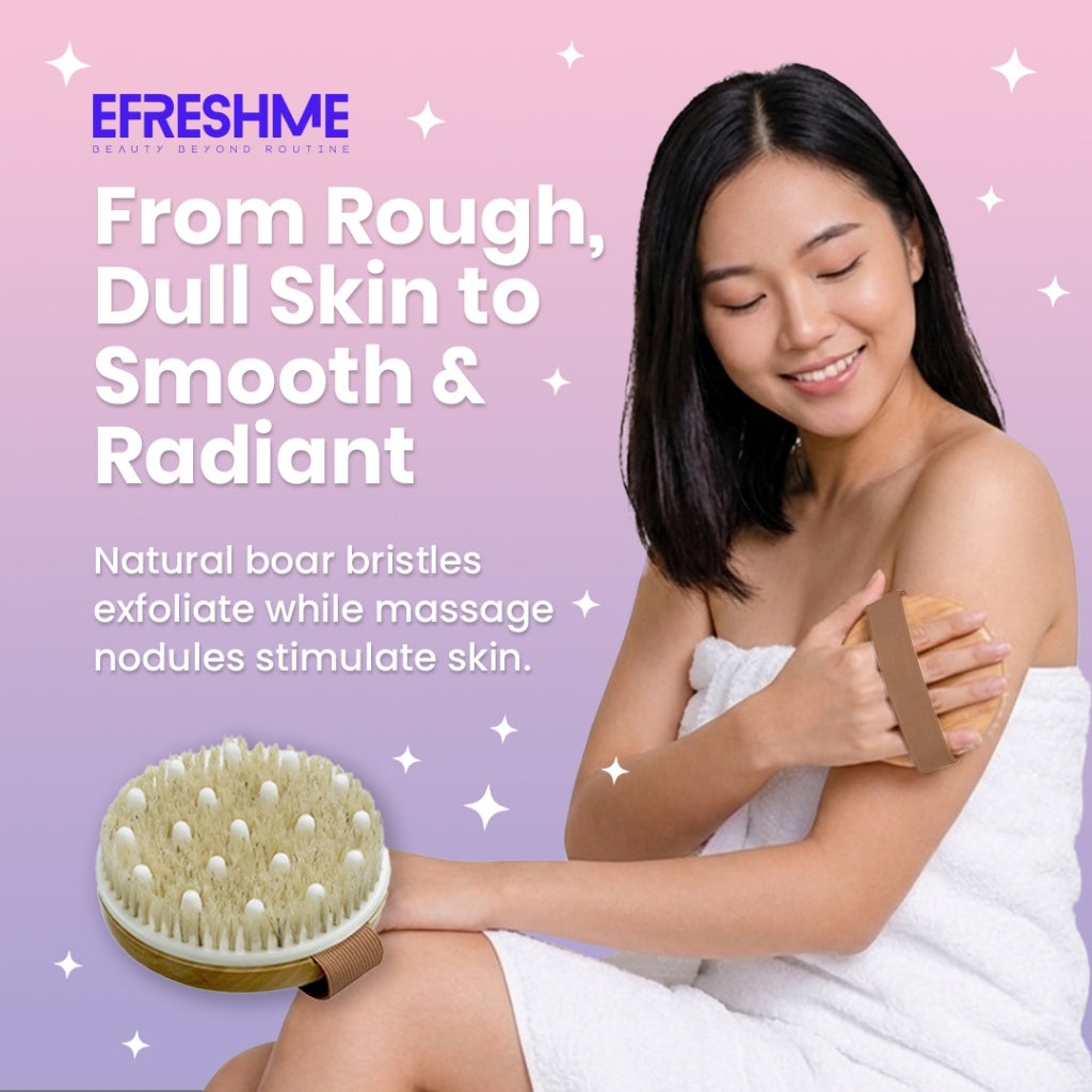Efreshme Classic Dry Body Brush (Natural Boar Bristles) with Massage Nodules for Spa Exfoliation Clarifying Detox